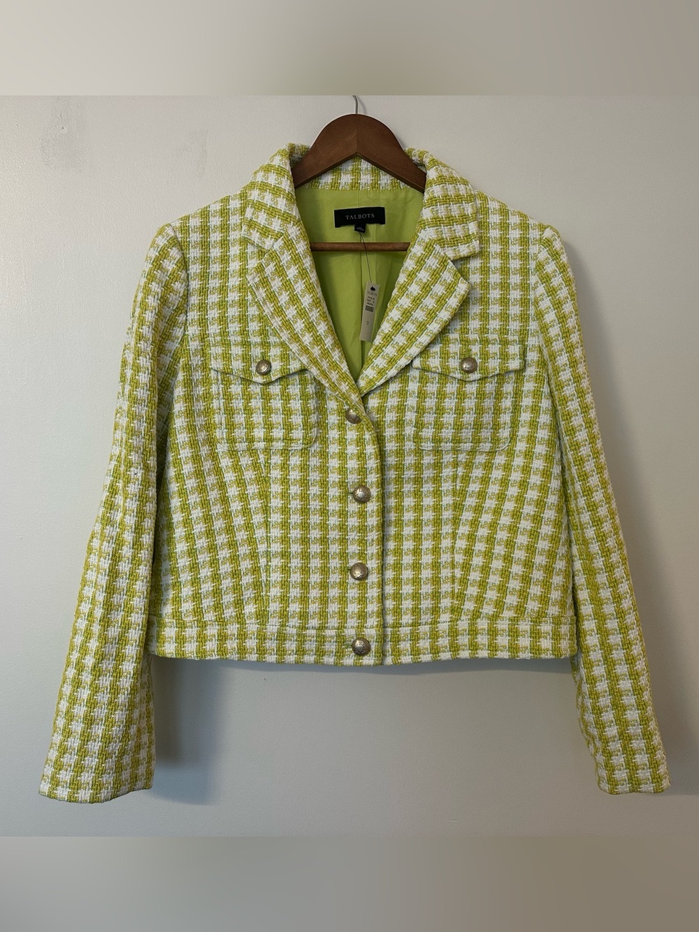 NWT Talbots Chartreuse Cotton Tweed Cropped Jacket Blazer Size 12
